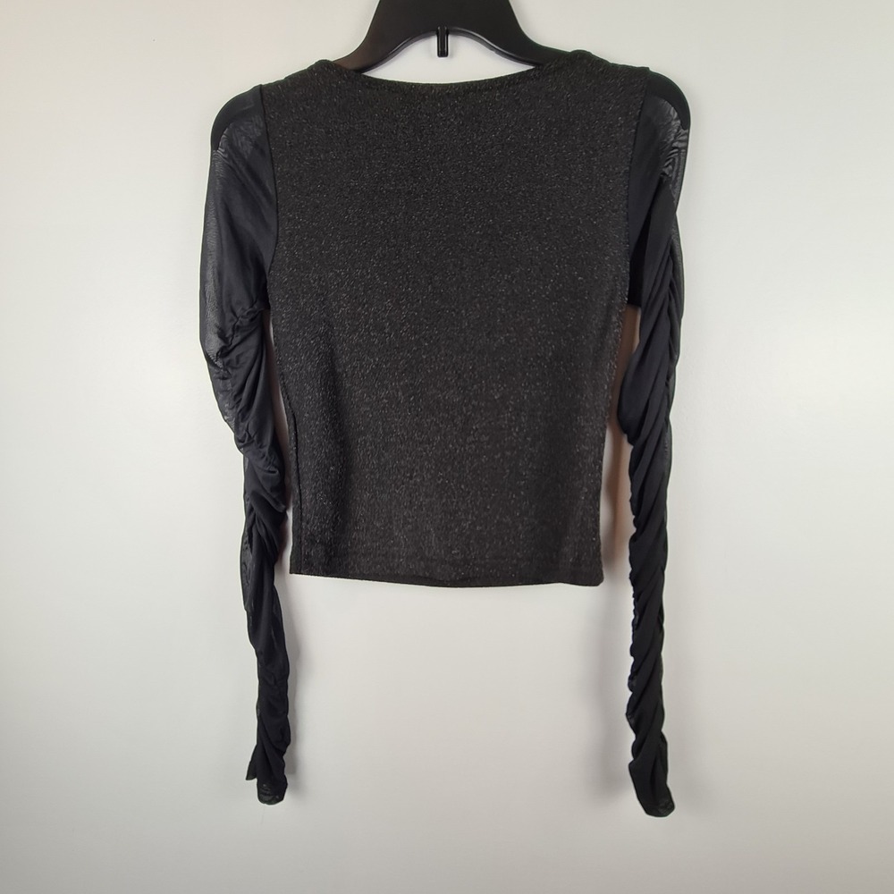 Noisy May Black Sheer Sleeve Long Sleeve Top Small Metallic Cropped Blouse Shiny - Picture 10 of 11